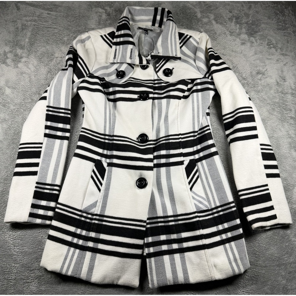 B-Wear Byer California Coat Womens L Black White Plaid Peacoat Fit Flare